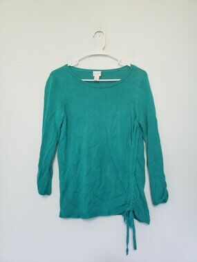 Chicos 0 Women 4 Sweater Rayon Ramie Blend Ruched Side Green Lightweight Stretch